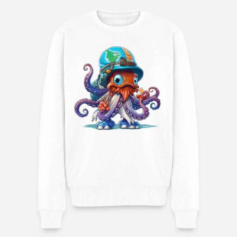 Oktopus Entdecker mit Weltkartenhelm - Männer Premium Bio Pullover - Weiß