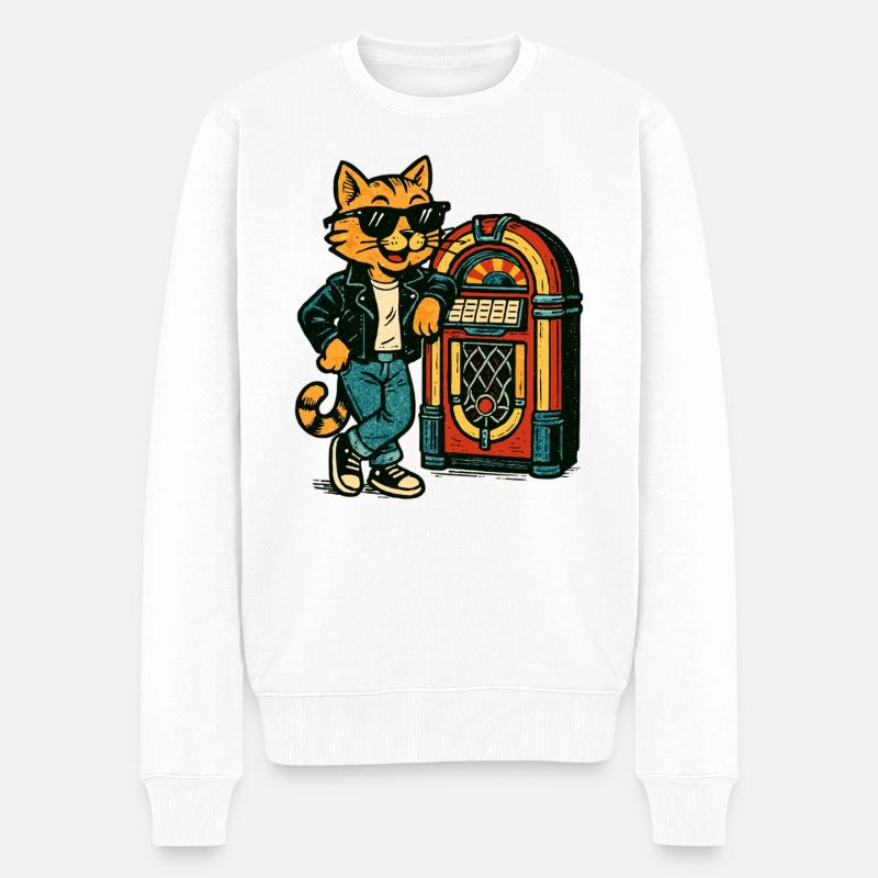 Katze mit Sonnenbrille an der Jukebox Retro Comic - Männer Premium Bio Pullover - Weiß