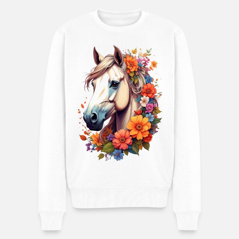 Pferd umrahmt von Blumen - Männer Premium Bio Pullover - Weiß