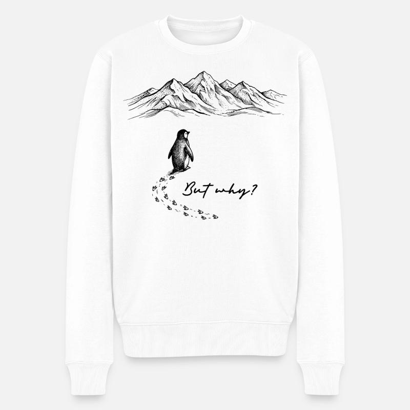 Pinguin Meme But why? Schneespur Berge Gekritzel - Männer Premium Bio Pullover - Weiß