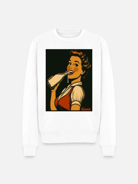 Retro Dame mit Milch Getränk - Männer Premium Bio Pullover - Weiß