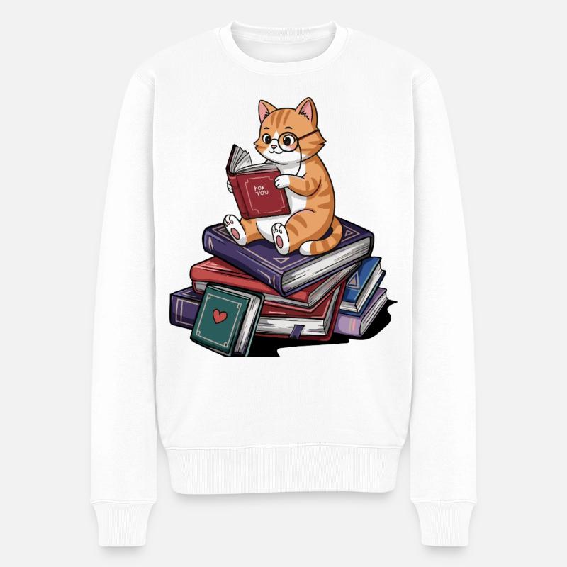 Bücherwurm-Katze Kätzchen liest Bücher Kunst - Männer Premium Bio Pullover - Weiß