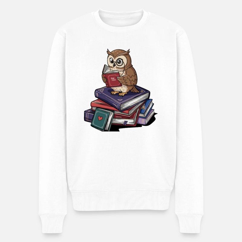 Bücherwurm-Eule-Vogel liest Bücher Kunst - Männer Premium Bio Pullover - Weiß