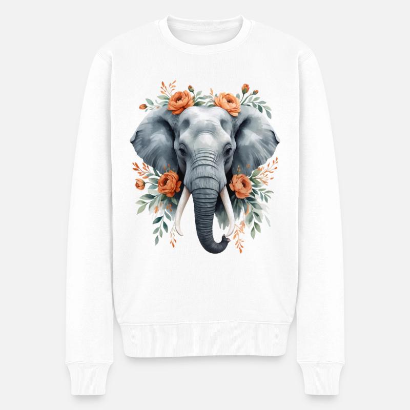Elefant mit Blumenkranz - Männer Premium Bio Pullover - Weiß
