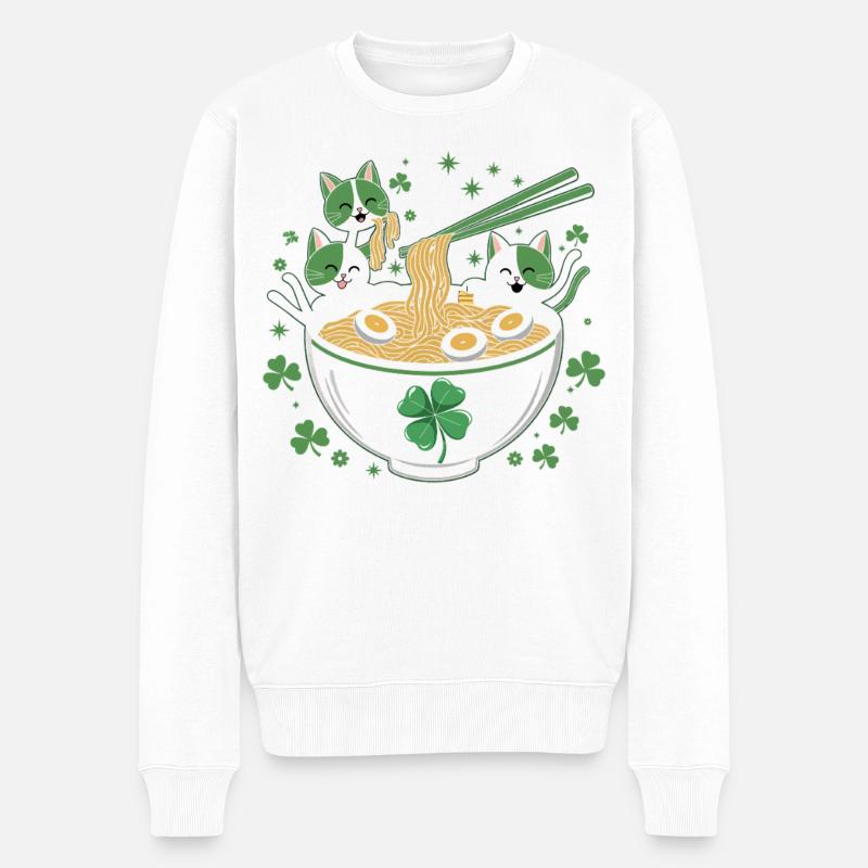 Katzen-Ramen Fiesta mit Glücksklee - Männer Premium Bio Pullover - Weiß