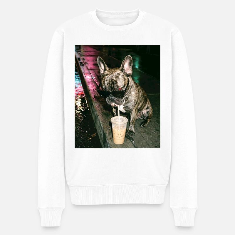 Bouledogue français buvant du café glacé - Pull Premium bio Homme - blanc