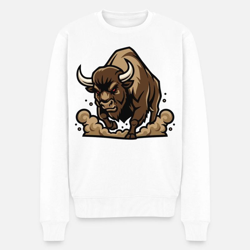 Wild Bison Charge Maskottchen Buffalo - Männer Premium Bio Pullover - Weiß