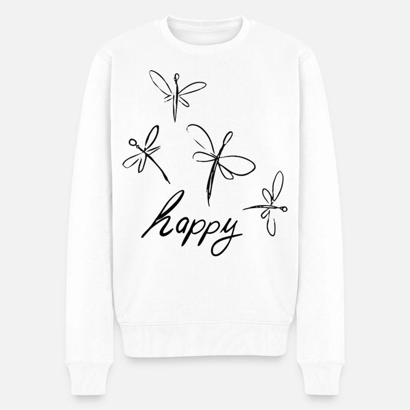 Libellen Zeichnung mit - happy - Schriftzug - Männer Premium Bio Pullover - Weiß