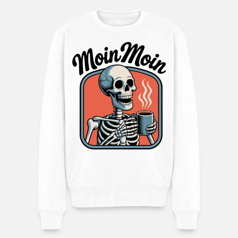 Moin Moin Kaffeetrinkendes Skelett - Männer Premium Bio Pullover - Weiß