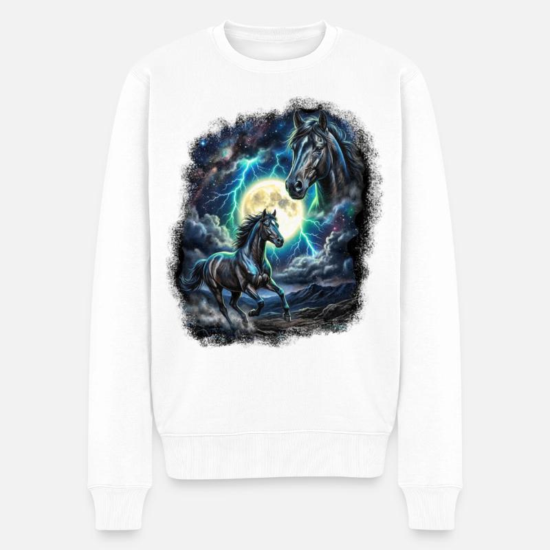 Zwei Wilde Pferde mit Mond Wildlife-Designs - Männer Premium Bio Pullover - Weiß