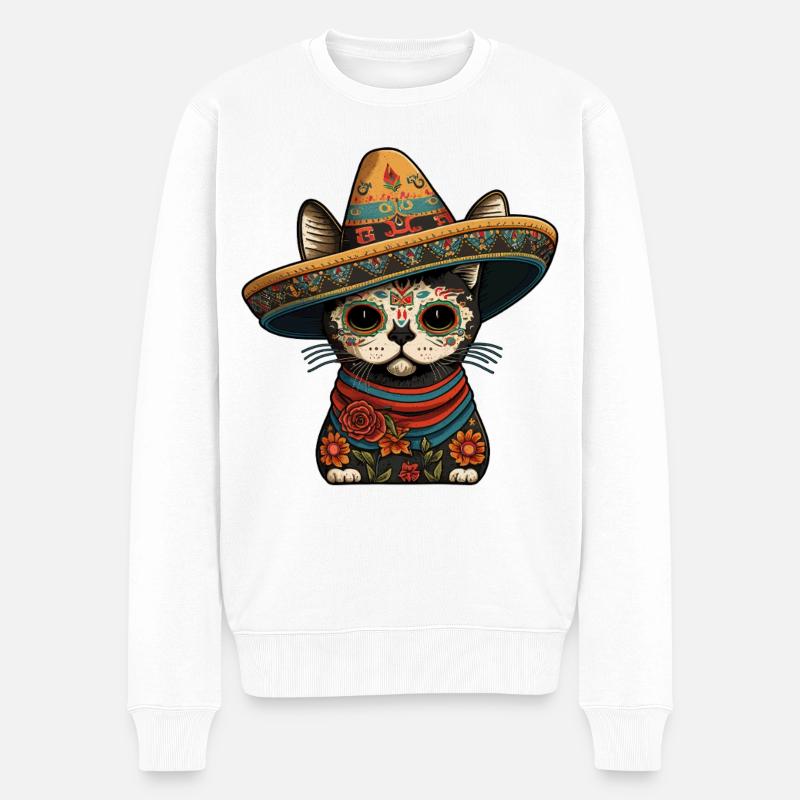 Zuckerschädel-Katze in Fiesta Sombrero - Männer Premium Bio Pullover - Weiß