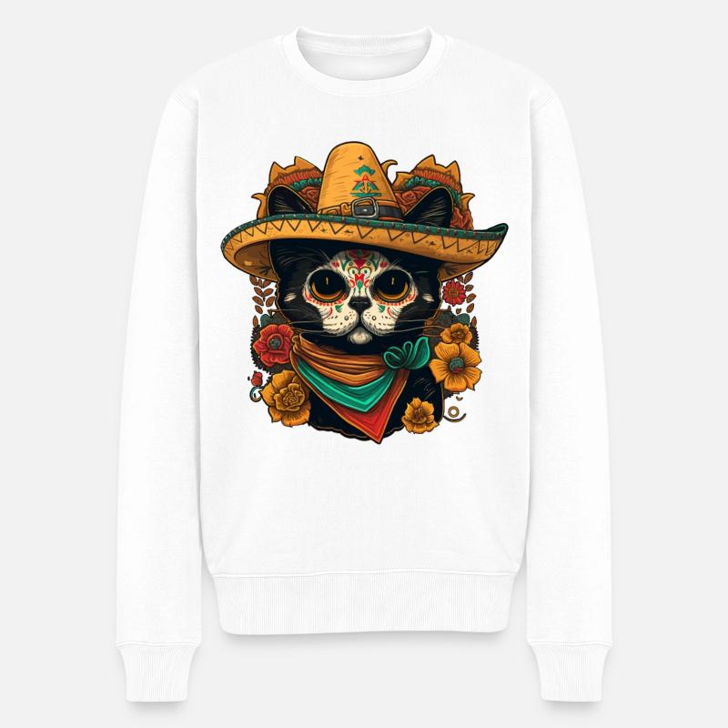 Chat Crâne de sucre en sombrero - Pull Premium bio Homme - blanc