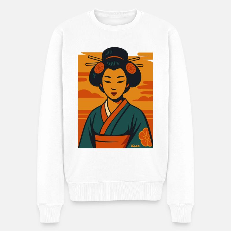 Geisha-Sonnenuntergangs-Kimono-Porträt - Männer Premium Bio Pullover - Weiß