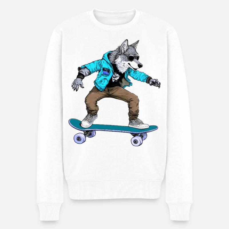 Skateboarder Wolf - Männer Premium Bio Pullover - Weiß