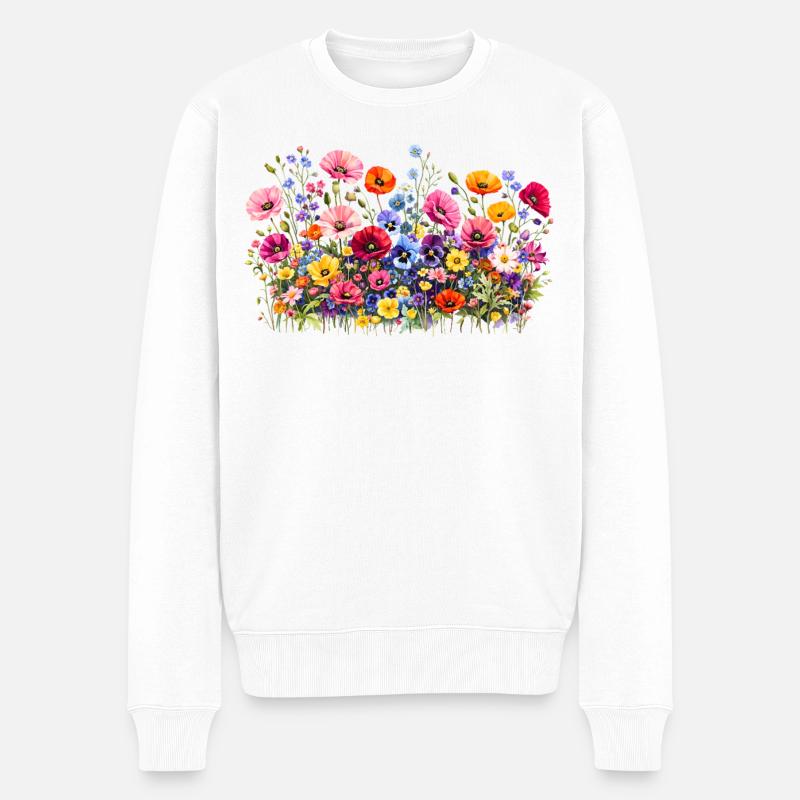 Prairie de fleurs sauvages avec fleurs naturelles à l’aquarelle - Pull Premium bio Homme - blanc
