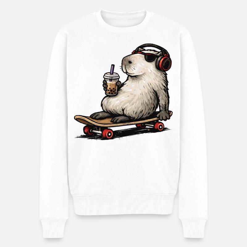 Capybara Skateboard Bubble Tea - Männer Premium Bio Pullover - Weiß