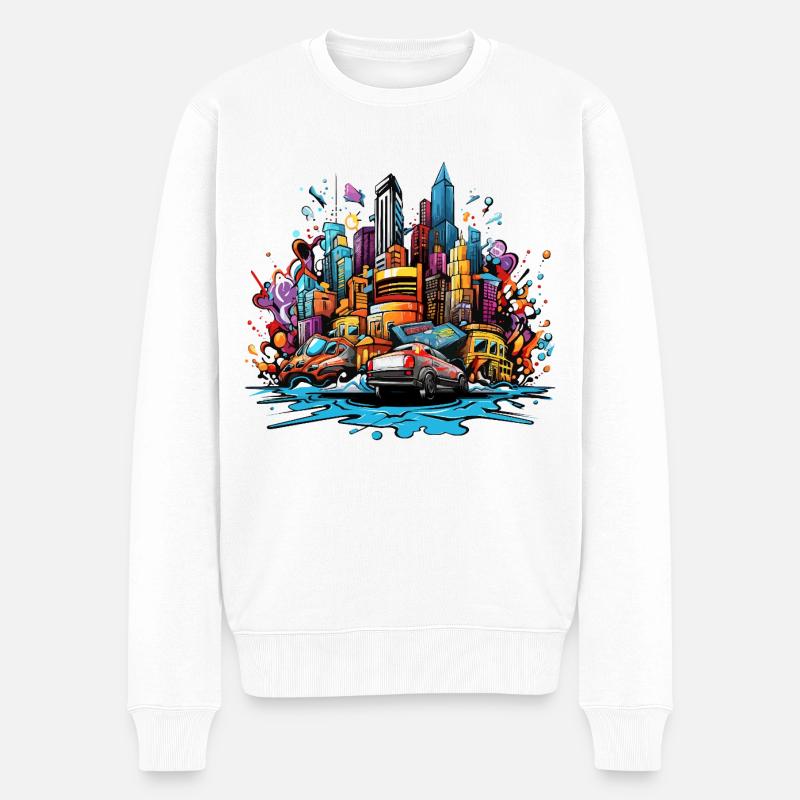 Bunte Stadtsilhouette mit Autos - Männer Premium Bio Pullover - Weiß