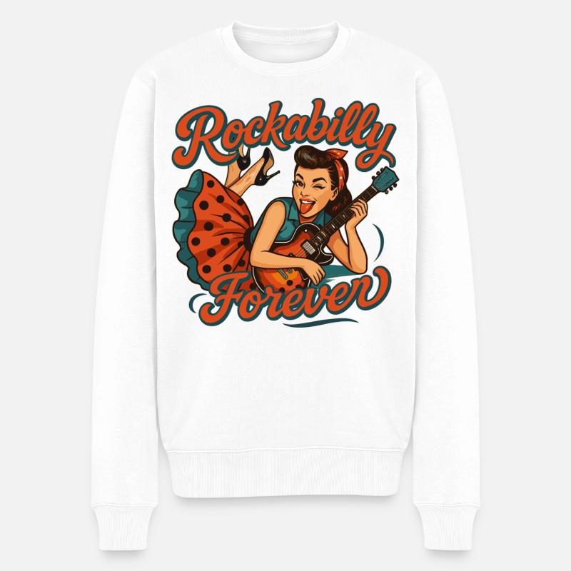 Rockabilly Forever: Rockabella mit E-Gitarre - Männer Premium Bio Pullover - Weiß