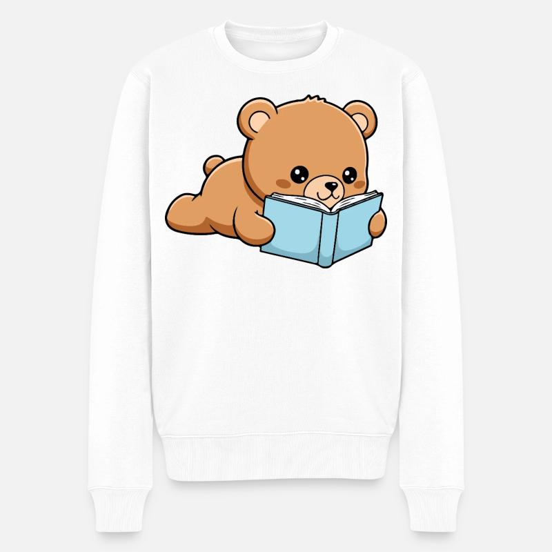 Buchbär Lustiger Bär liest Buch - Männer Premium Bio Pullover - Weiß
