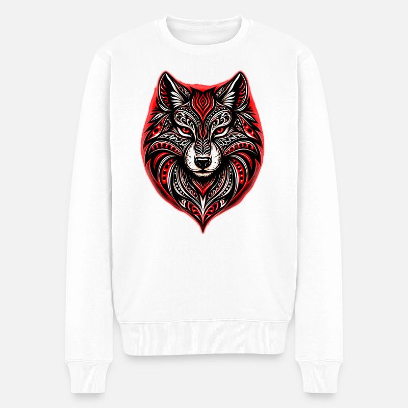 Rot-Schwarzer Stammeswolf - Männer Premium Bio Pullover - Weiß