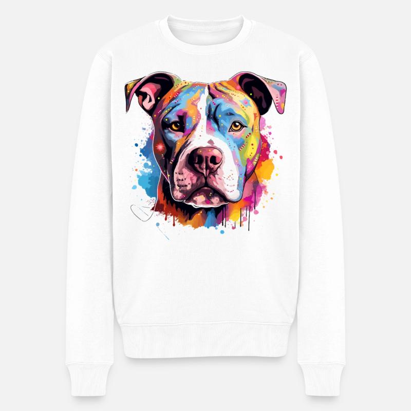 Bunte Hunde-Spritzkunst-Pitbull - Männer Premium Bio Pullover - Weiß