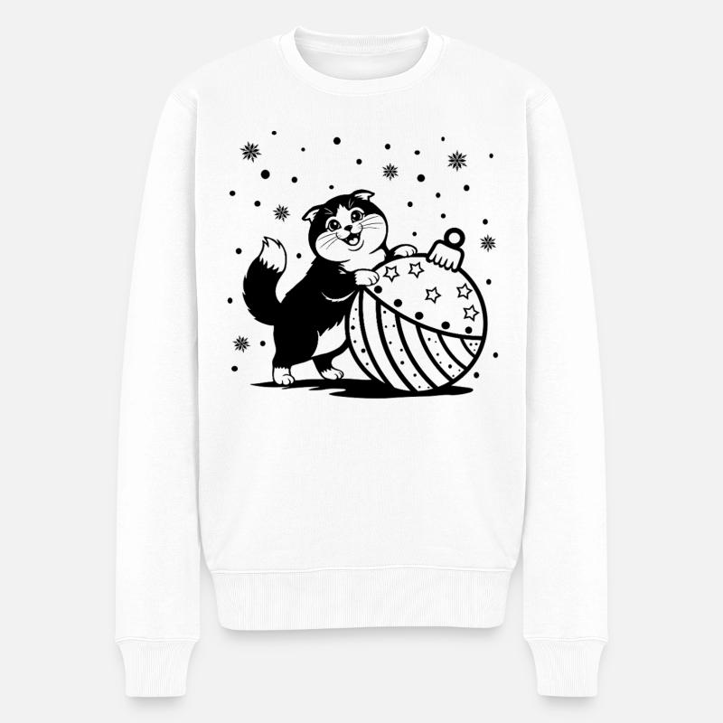 Süße flauschige Katze mit einer großen Weihnachtskugel - Männer Premium Bio Pullover - Weiß