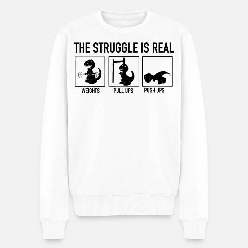 T-Rex Gym Struggle – lustiges Dinosaurier-Gewichtheben - Männer Premium Bio Pullover - Weiß