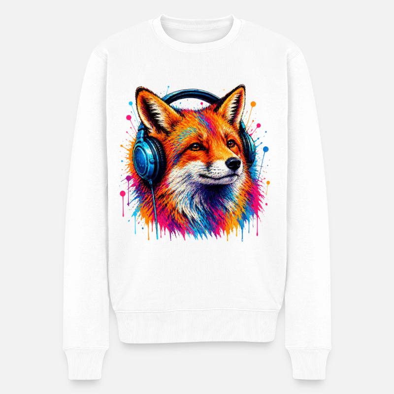 Neonfuchs mit Kopfhörern - Männer Premium Bio Pullover - Weiß