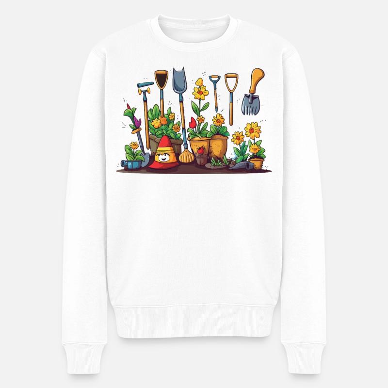 Gartenwerkzeug Blüten Szene - Männer Premium Bio Pullover - Weiß