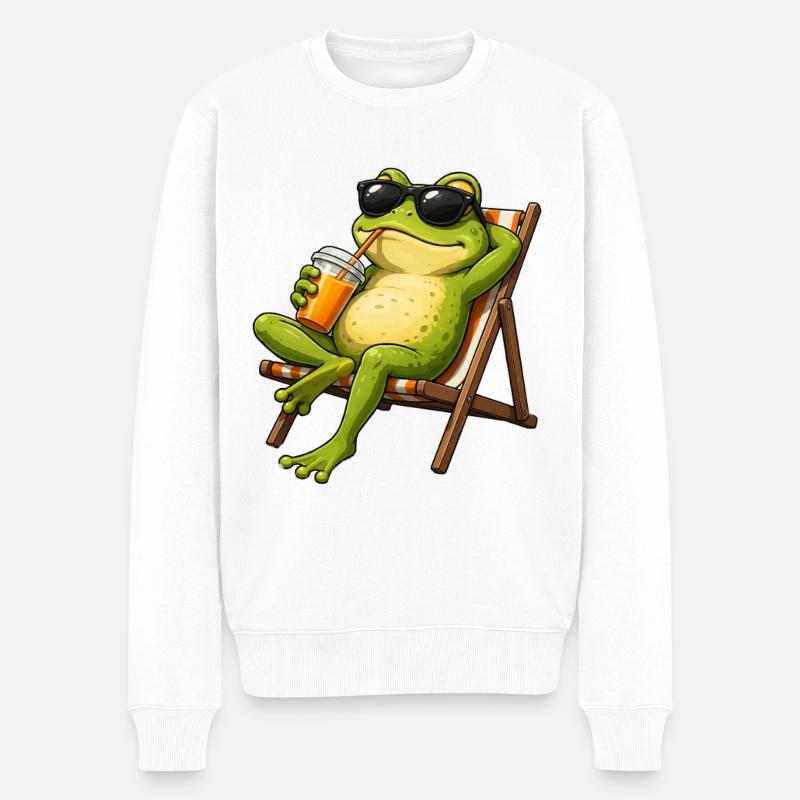Relaxter Frosch im Strandstuhl - Männer Premium Bio Pullover - Weiß