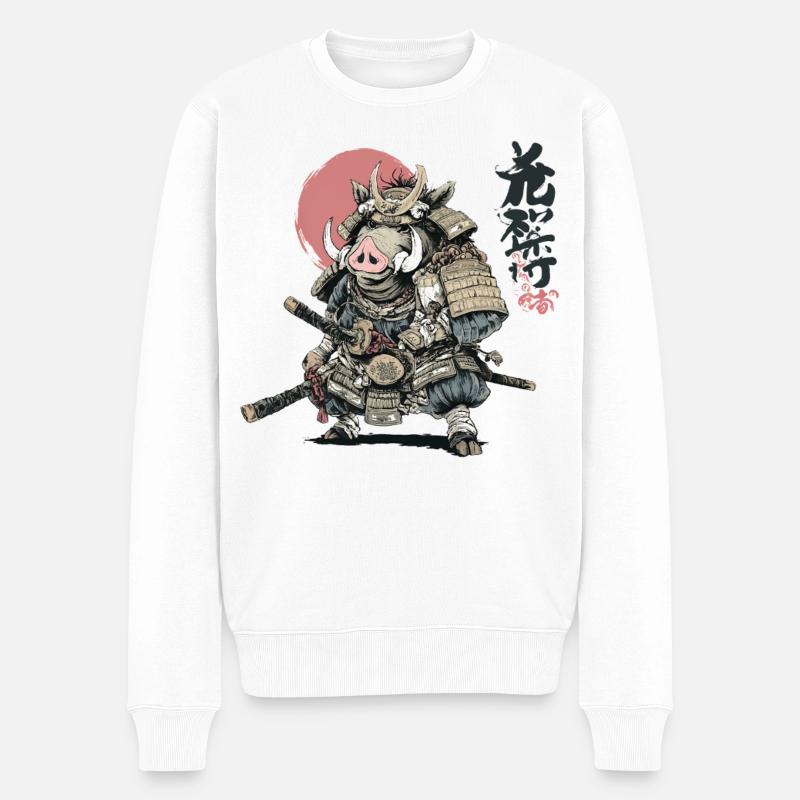 Guerrier Samouraï Sanglier en Armure - Pull Premium bio Homme - blanc
