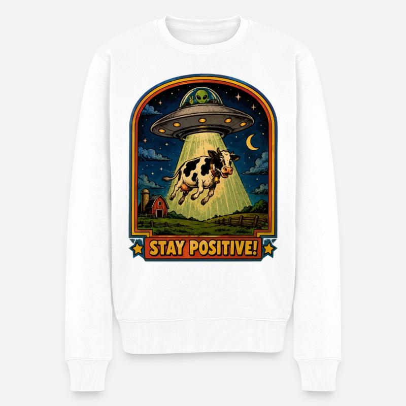 Kuh im UFO-Lichtstrahl - Männer Premium Bio Pullover - Weiß