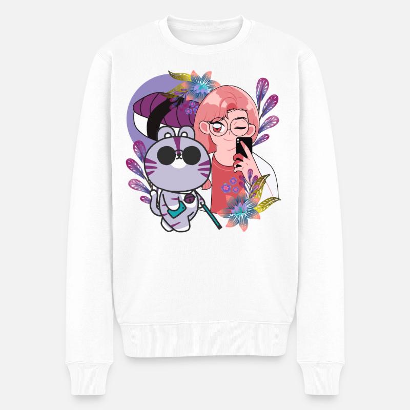 Kawaii-Selfie & Sehbehinderte Katze - Männer Premium Bio Pullover - Weiß