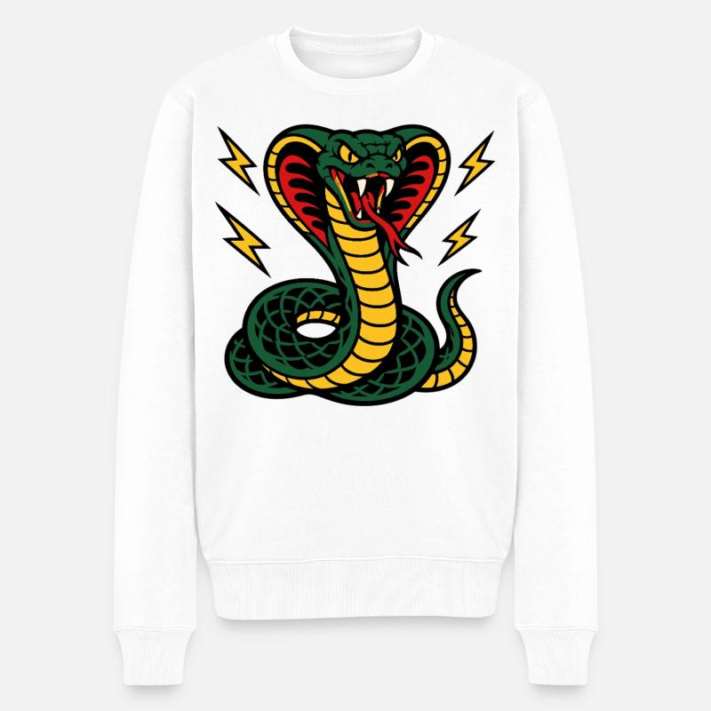 Wilde Kobra mit Tattoo-ähnlichen Blitzen - Männer Premium Bio Pullover - Weiß