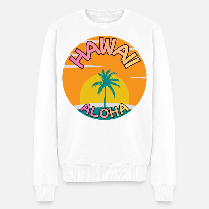 Coucher de soleil Hawaii Aloha avec palmier - Pull Premium bio Homme - blanc