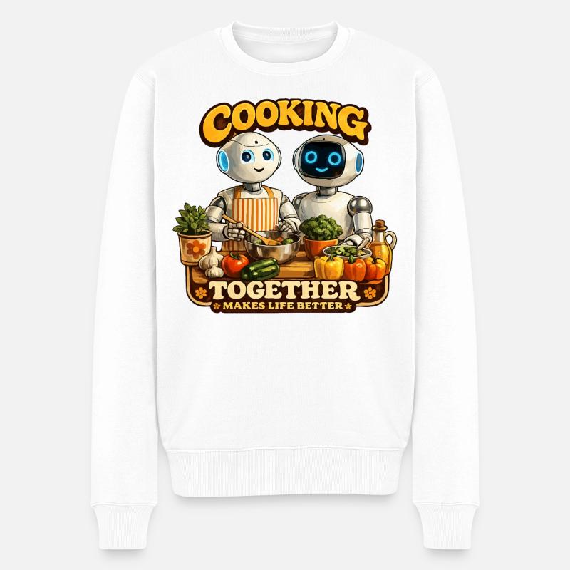Roboter kochen gemeinsam - Männer Premium Bio Pullover - Weiß