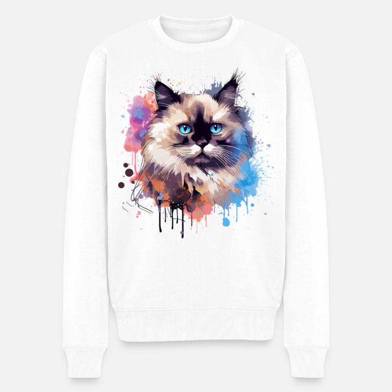 Splash Art Birman-Katzengesicht bunt - Männer Premium Bio Pullover - Weiß
