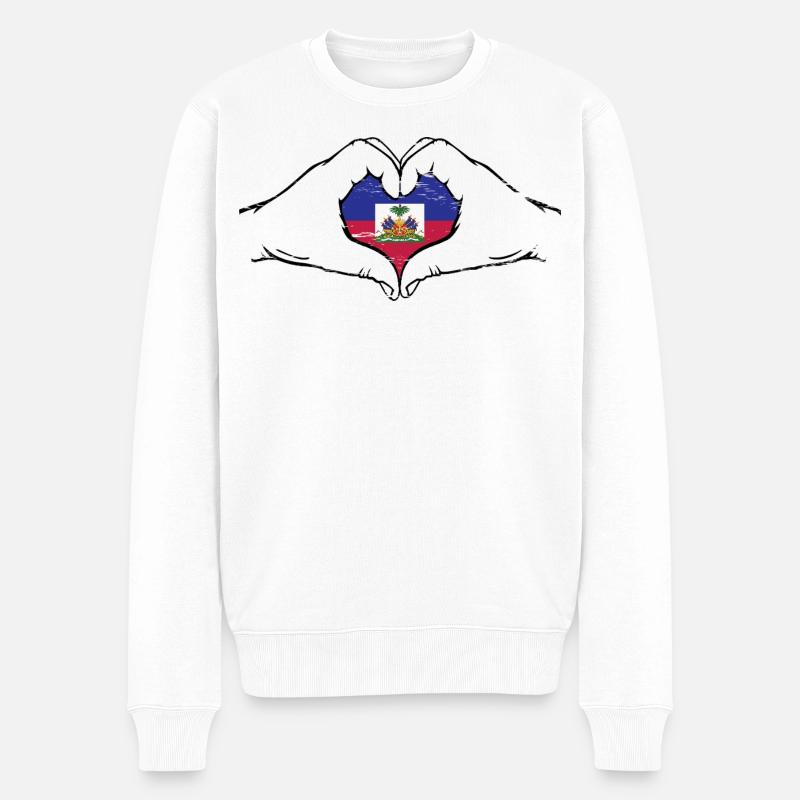 Haiti_Flagge_Hände_Herzform_used - Männer Premium Bio Pullover - Weiß