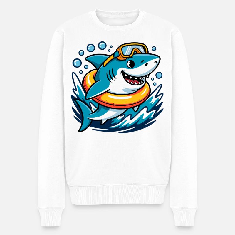 Lustiger Hai mit Schwimmring - Männer Premium Bio Pullover - Weiß