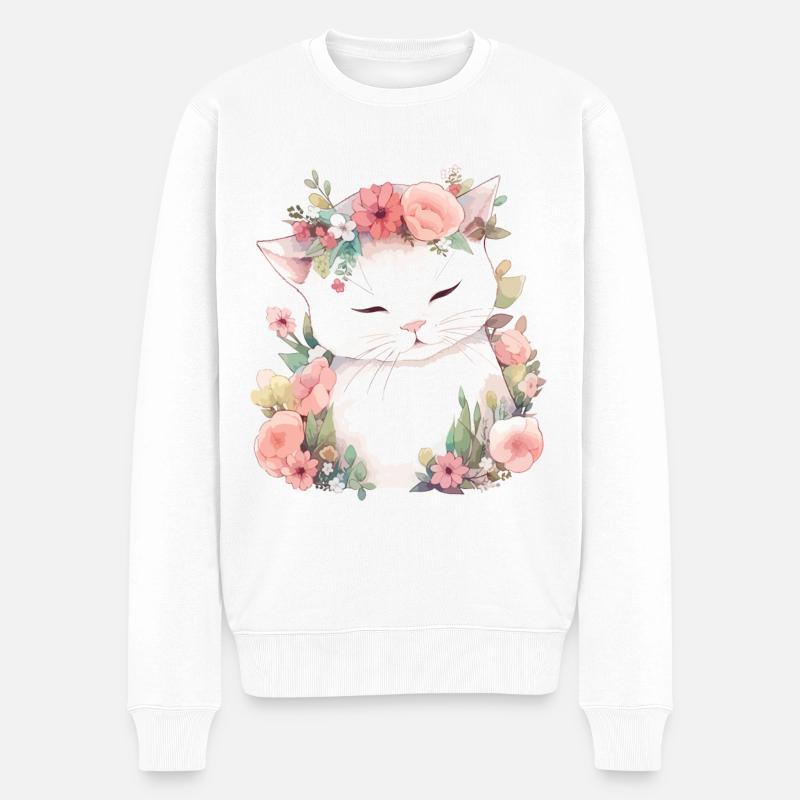 Chat Fleurs Aquarelle Dessin Art Floral Coloré - Pull Premium bio Homme - blanc