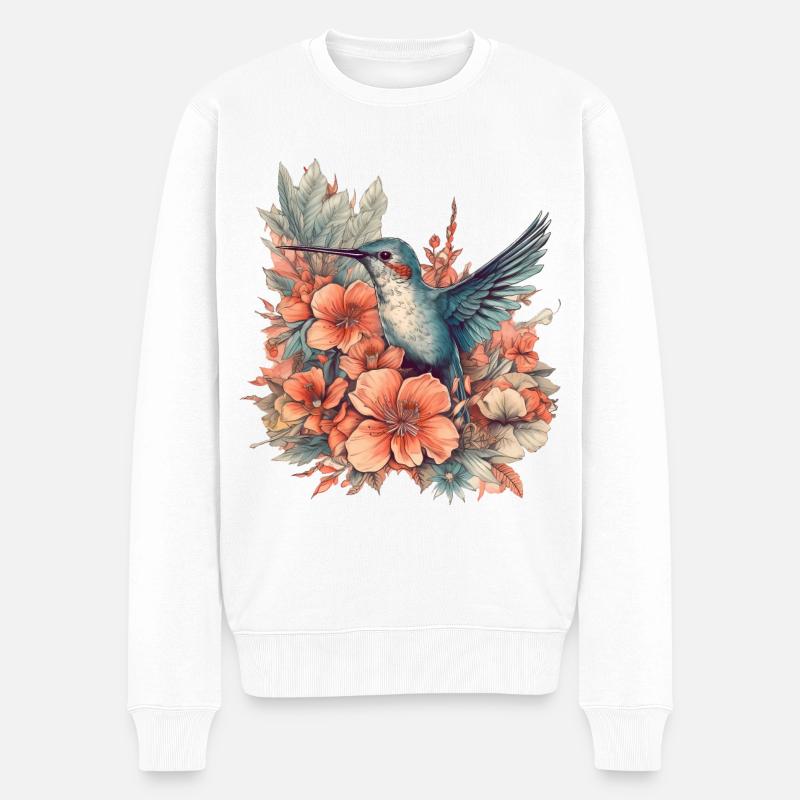 Kolibri mit tropischen Blumen - Männer Premium Bio Pullover - Weiß