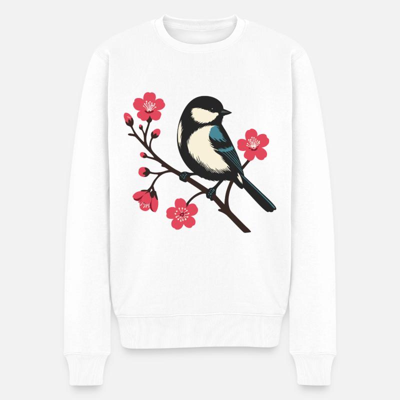 Kirschblüte mit Vogel - Frühlingsruhe Naturmotiv - Männer Premium Bio Pullover - Weiß