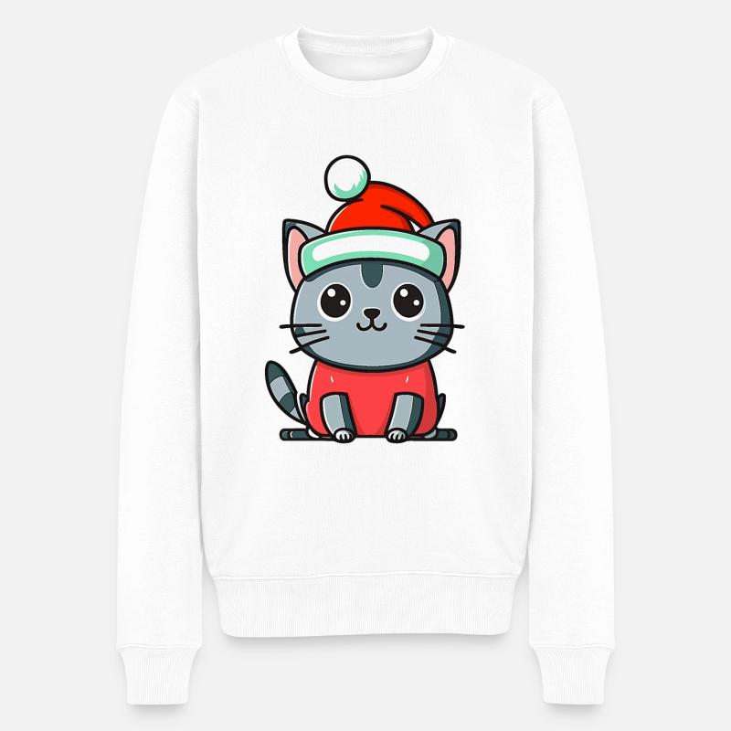 Katze mit Weihnachtshut - Männer Premium Bio Pullover - Weiß