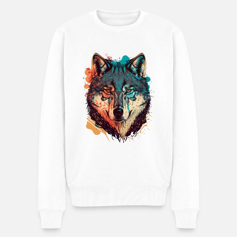Trendige Zeichnung eines Wolfes - Männer Premium Bio Pullover - Weiß