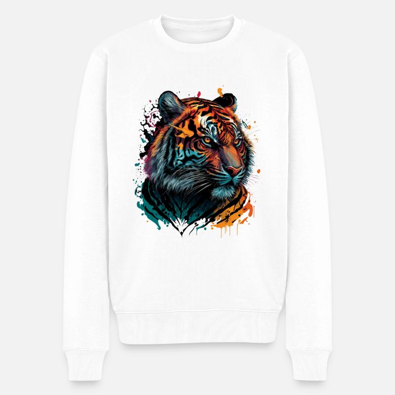 Bunter Tiger - Männer Premium Bio Pullover - Weiß