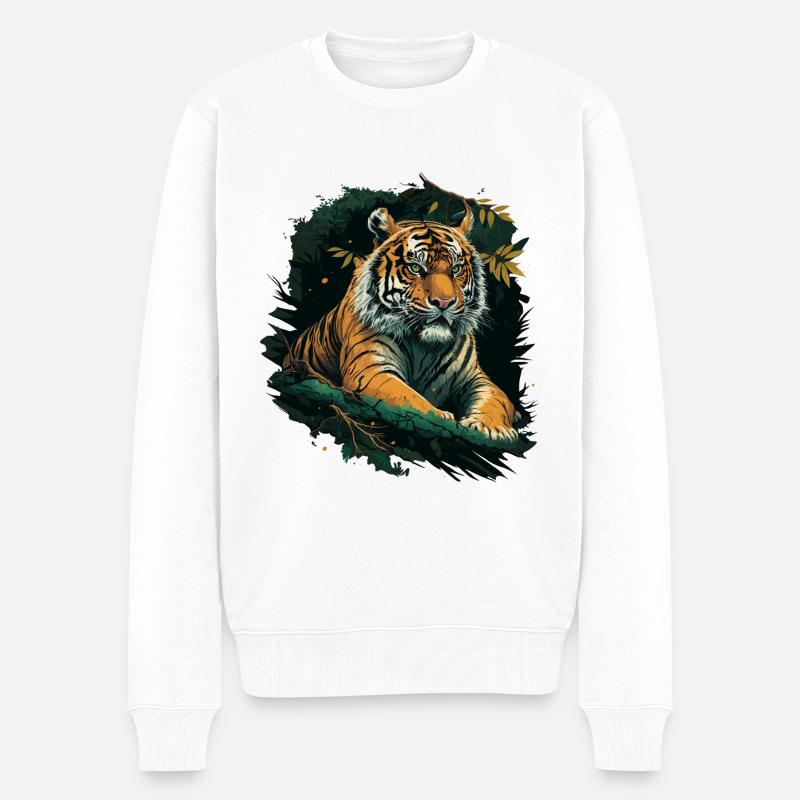 Tiger sitzt im Dschungel - Männer Premium Bio Pullover - Weiß