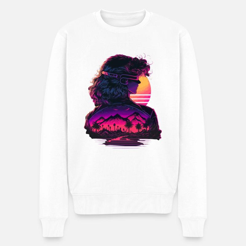 Retrowave Mädchen - Männer Premium Bio Pullover - Weiß