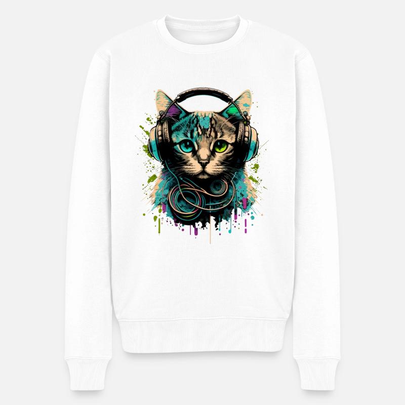 Katze mit Headset - Männer Premium Bio Pullover - Weiß