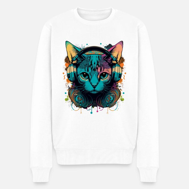 Vintage Cat und Musik - Männer Premium Bio Pullover - Weiß