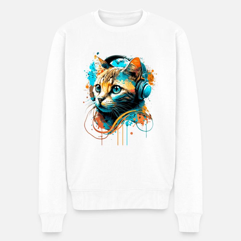 Katze hört Musik - Männer Premium Bio Pullover - Weiß